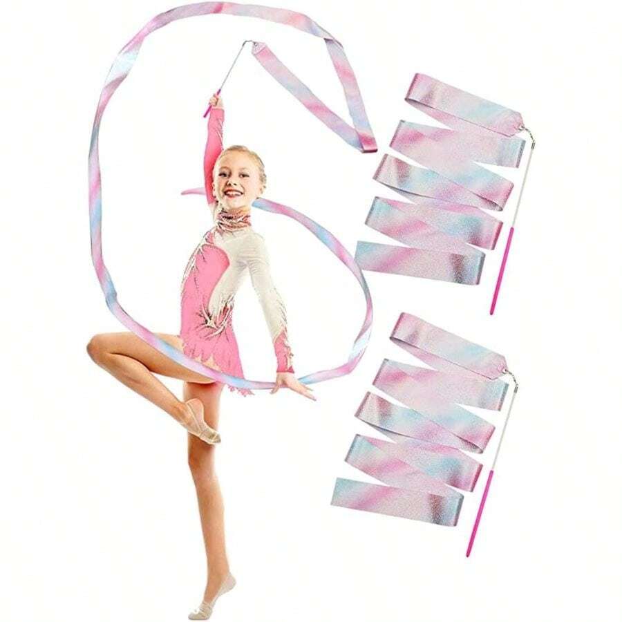 2-Pack Cintas de Gimnasia Rítmica con Varillas 2M, Cintas de Danza Deportiva Arcoíris, Baile para Niños y Adultos Cinta Giratoria Brillante para Ejercicio Entrenamiento - Multicolor - Ver 1