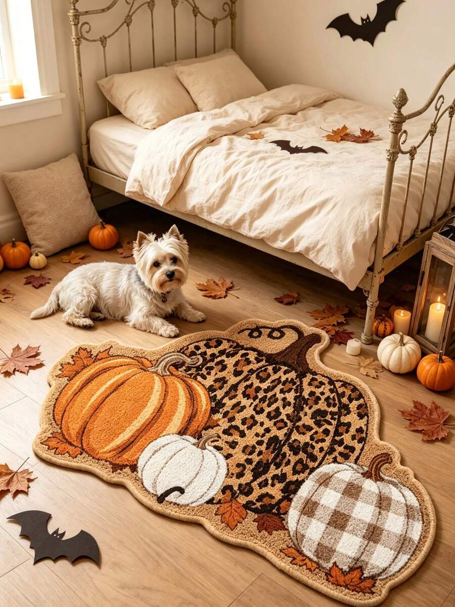 1pc Leopard Print Pumpkin Design Decorative Rug, Soft Skin-Friendly Carpet, Autumn Decor Rug, Bathroom Rug, Decorative Rug, Bedroom Decor, Small Rug, Carpet, Home Decor, Living Room Rug, Living Room Small Rug, Bedroom Rug, Living Room Home Decor, Outdoor Rug, Washable Rug - Multicolor - View 1