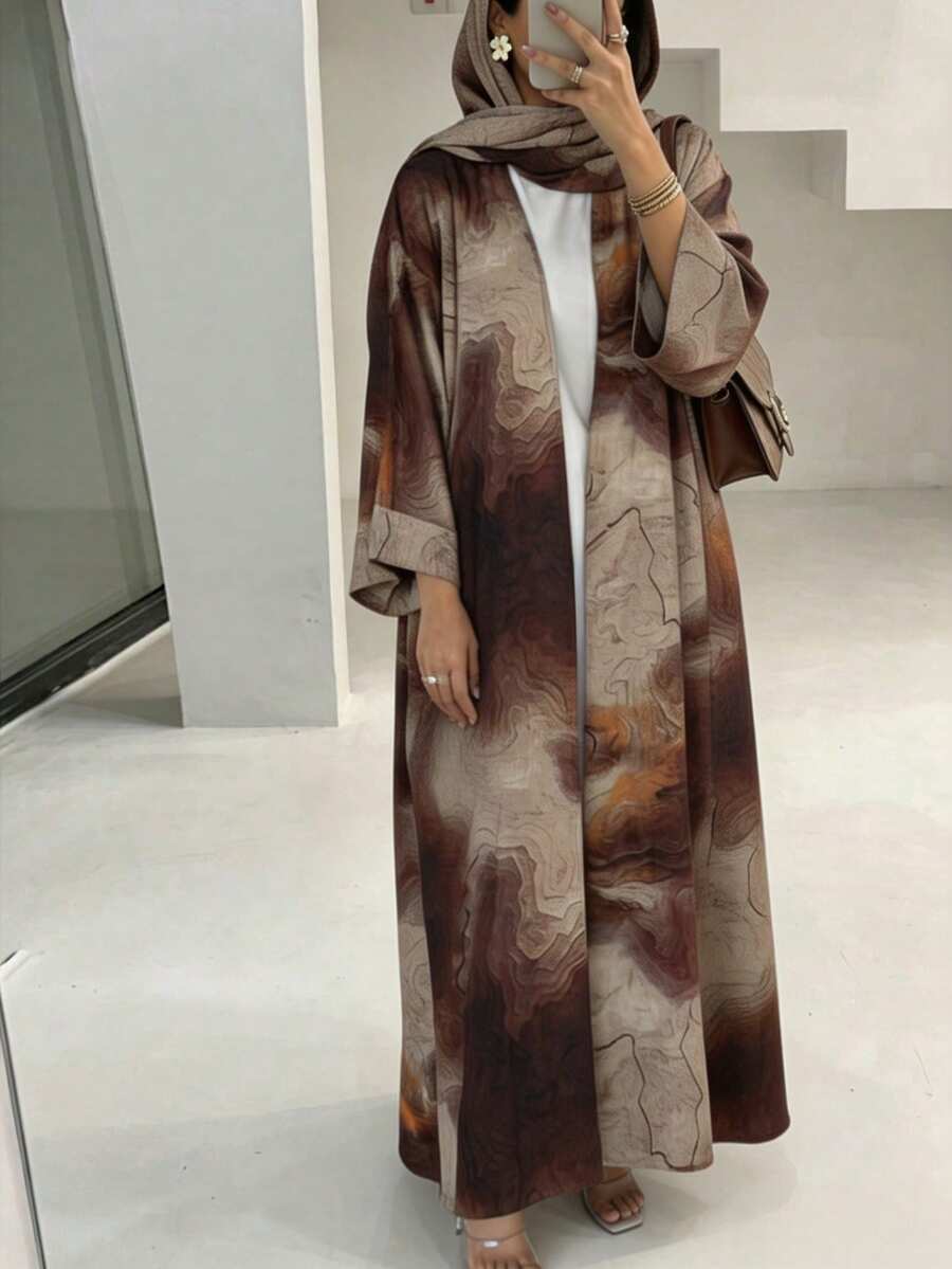 Set 2 pcs Hijab + Abaya Terbuka, Dubai Islami Muslim Motif Abstrak Gradien Depan Terbuka Lengan Panjang Longgar Gaya Kimono Konservatif, Pakaian Sehari-hari Muslim Islami Hijab Warna Senada untuk Wanita - MultiWarna - View 1