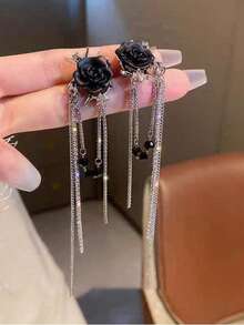 1 Pair Fashion Elegant Black Rose Long Chain Rhinestone Tassel Drop Earrings For Women, Suitable For Daily Commute, Gatherings And Parties - Black - View 3