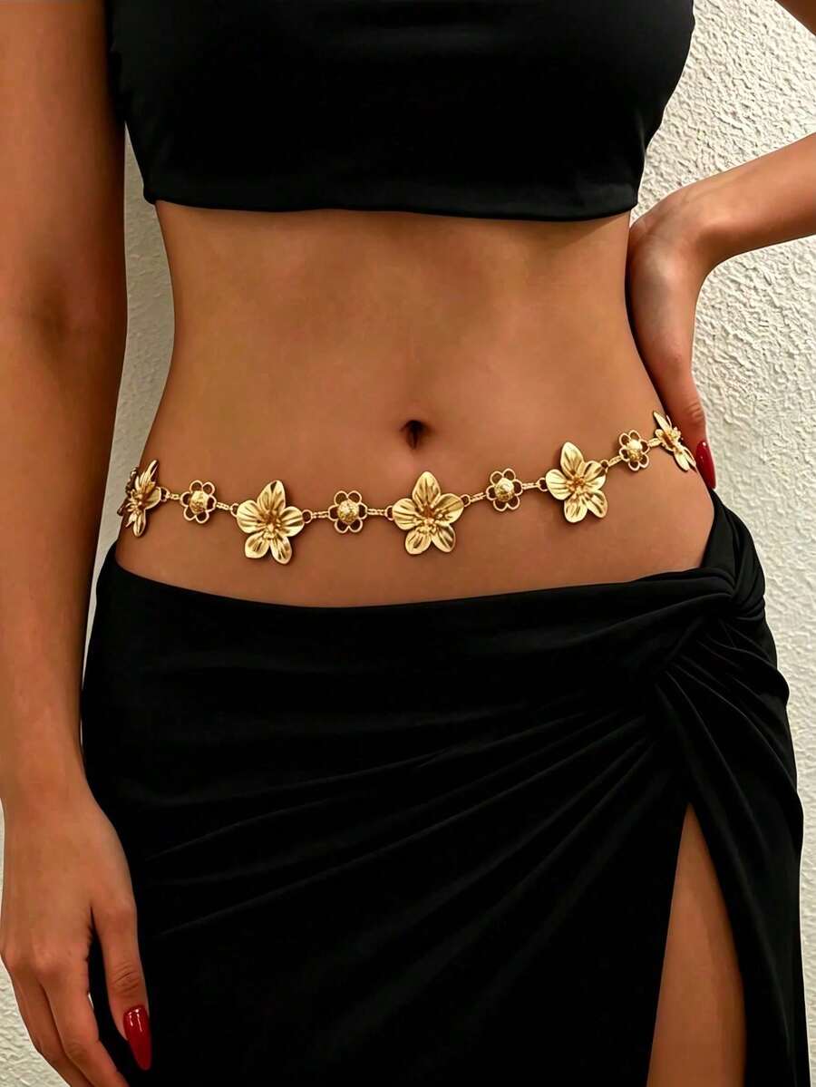 1pc Vintage Fashion Personalized Metal Floral Belt, Bohemian Style High-End Multi-Functional Dress Belt, Suitable For Women In Any Occasion - Multicolor - View 1