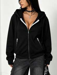 Women's Zip-Up Hooded Jacket, Minimalist White Logo Print Elastic Cuffs Drawstring Sweatshirt Casual Outerwear Black - Black - View 3