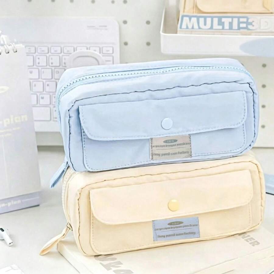 1pc Minimalist Solid Color Plush Pencil Case, Multi-Layer Large Capacity Nylon Pencil Bag With Snap Front Pocket, Simple Label Decor Zipper Stationery Storage Bag, Portable School Supplies And Cosmetics Organizer, Suitable For Back To School Season - Dopamine Flap Pencil Case - View 1