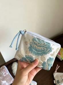 Vintage Jacquard Flower Small Makeup Bag Satin Mini Change Bag Card Bag With Braided Tassel Makeup Bag,Coin Purses - Multicolor - View 10