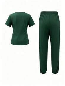 Solid Color Short Sleeve Multi-Pocket Set, Women's Professional Fashion Commuter Workwear, Beauty Salon Pet Store Uniform - Dark Green - View 2