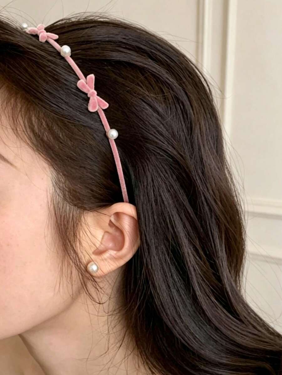 1PC Women's Solid Color Autumn/Winter Flocked Alloy Metal Bow Pearl Thin Bow Headband Daily/Date/Commute Versatile Hair Accessory - Pink - View 1
