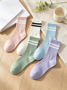 1/5 Pairs Women's Double Bar Mid-Calf Socks, Comfortable Casual Versatile Socks For All Seasons (Random Colors And Styles) - Multicolor - View 2