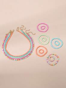 15pcs/Set Colorful Mixed Bead Necklace Bracelet Ring Jewelry Set For Girls - Multicolor - View 1
