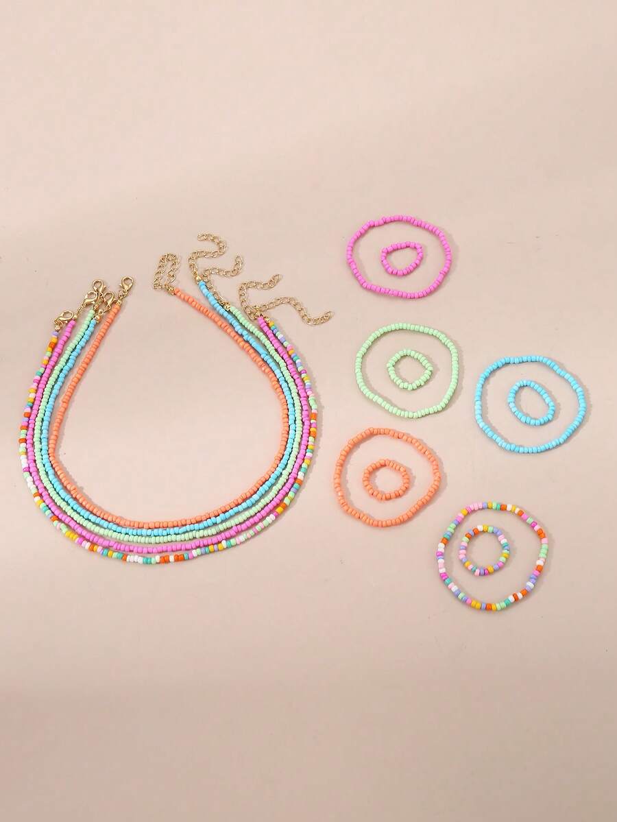 15pcs/Set Colorful Mixed Bead Necklace Bracelet Ring Jewelry Set For Girls - Multicolor - View 1