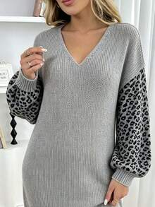 Plus Size Women's V-Neck Leopard Print Colorblock Casual Everyday Knit Dress Fall - Grey - View 6
