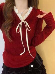 春季拼接 2-in-1 粗針編織紅色毛衣，新年層次感針織衫，秋季風格 - 酒紅色 - 查看 7