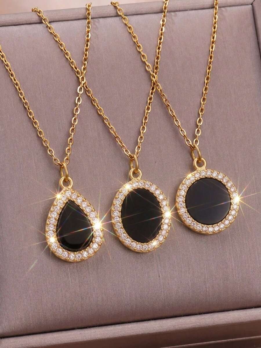 1/3Pcs 18K Gold Plated Stainless Steel Necklace Set, Black Teardrop Oval Round CZ Halo Pendant, Daily Wear Dainty Holiday Gift Jewelry For Women - Gold - View 1