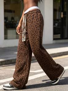 Women's Fashion Leopard Print Wide Leg Pants, Drawstring Elastic Waist Comfortable Loose Casual Pants, Suitable For Daily Wear And Street Style - Brown - View 3