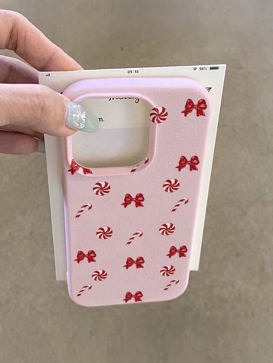 1pc Fashionable Personalized Full Screen Christmas Bow & Candy Cane Painted Pattern Phone Case, Anti-Drop Anti-Scratch Anti-Fingerprint Leather Texture TPU Soft Shell Protective Cover Compatible With Samsung/Apple Phones Apple 11/12/13/14/14plus/15/15plus/16/16plus/7/8plus/17/17pro And Other Models - Multicolor - View 1