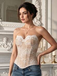 RAHQ Strapless Eyelash Lace Nude Mesh Heart-Shaped V-Neck Fitted Corset Top - Apricot - View 3