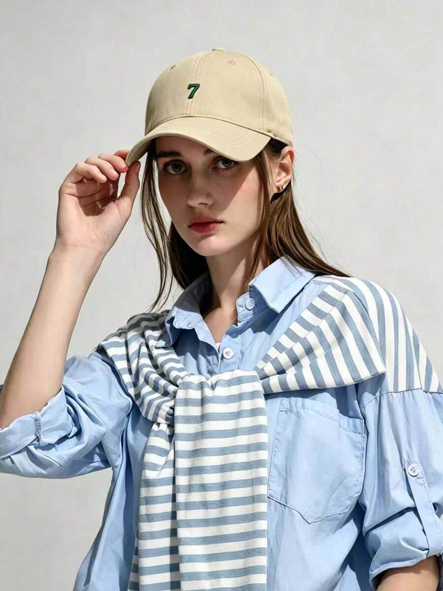1pc Women's Embroidered 7 Baseball Cap, Wide Brim High Crown Niche Versatile Face-Slimming Large Head Circumference Baseball Cap For Men - Khaki - View 1