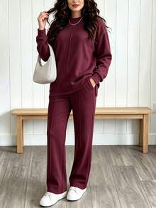 女士休闲纯色简约圆领长袖上衣，搭配女士时尚休闲纯色简约圆领长袖上衣，适合春秋季穿着。 - 酒紅色 - 查看 6