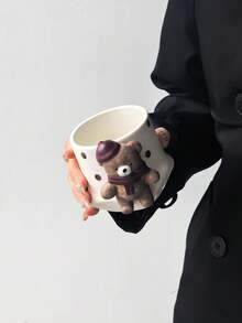 1pc 3D Scarf Bear & Rabbit Ceramic Mug, Hand-Pinch 3D Animal Polka Dot & Striped Water Cup, Cute Cartoon Coffee Cup - Multicolor - View 5