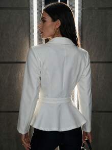 Women's Elegant Notch Lapel Ruffle Hem Blazer, Long Sleeve Slim Fit White Suit Jacket, French Style Versatile Outerwear For Office, Halloween Fall - White - View 3