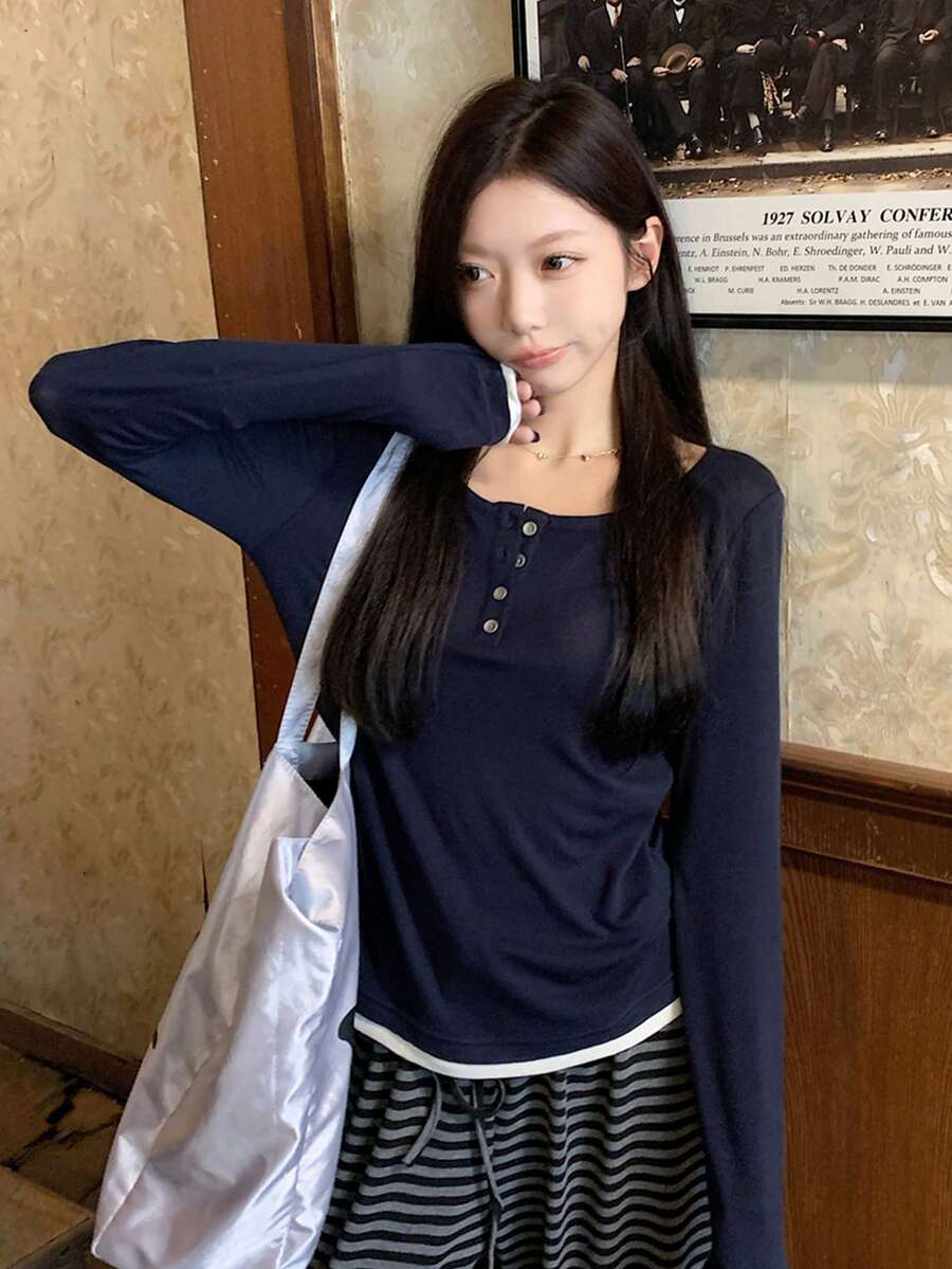 Y2K Autumn Korean Style Elegant Round Neck Button Contrast Color Versatile Soft Long Sleeve T-Shirt Top For Women - Navy Blue - View 1