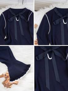 Vintage Style Women's Knitted Sweater With Contrast Trim, Front Tie Bow, Flared Sleeves, Casual Base Layer Top - Navy Blue - View 10