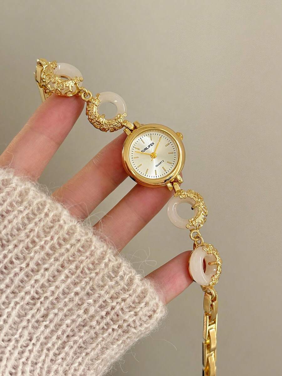Women's Round Quartz Watch, Fashionable Retro Design, Artistic Niche Style, Suitable For Daily Wear, Gift, Casual Gathering - Gold - View 1