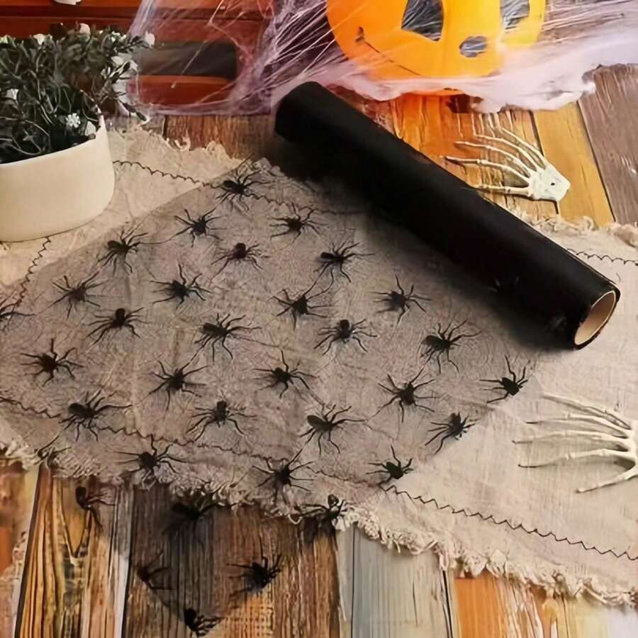 1 Roll Cuttable Spider Web Table Runner, 108.2in*11in. Halloween Decor Tablecloth With Skull, Spider Web And Bat Patterns, Suitable For Dining Table, Living Room And Home Decor, Halloween Party Supplies, Essential For Dining Table, Halloween Gift, - Multiple Styles - View 1