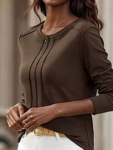 Blus Wanita Berlipit Leher Bulat, Atasan Kasual Serbaguna, Desain Menawan, Cocok untuk Musim Gugur/Musim Dingin/Musim Semi - Coffee Brown - View 9