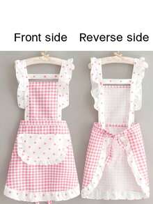 1 Set Pink Plaid Polka Dot Ruffle Cute Princess Apron Set, Includes Matching Hair Cap, Sweet Pleated Kitchen Cooking Apron, Women's Photo Outfit Set - Multicolor - View 2
