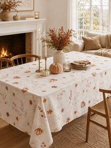 1pc Minimalist Autumn Pumpkin Round Tablecloth, Cream Polyester Dining Table Cover With Small Maple Leaf, Branch And Fall Pumpkin Print, Decorative Table Linen For Kitchen, Dining Room, Thanksgiving Dinner, Harvest Party And Home Decor - Multicolor - View 3