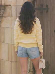 Senya Women's Elegant Yellow Striped Polo Sweater, Soft Knit Drop Shoulder Long Sleeve Pullover, Fashion Half-Placket Button Knit Top - Yellow - View 6
