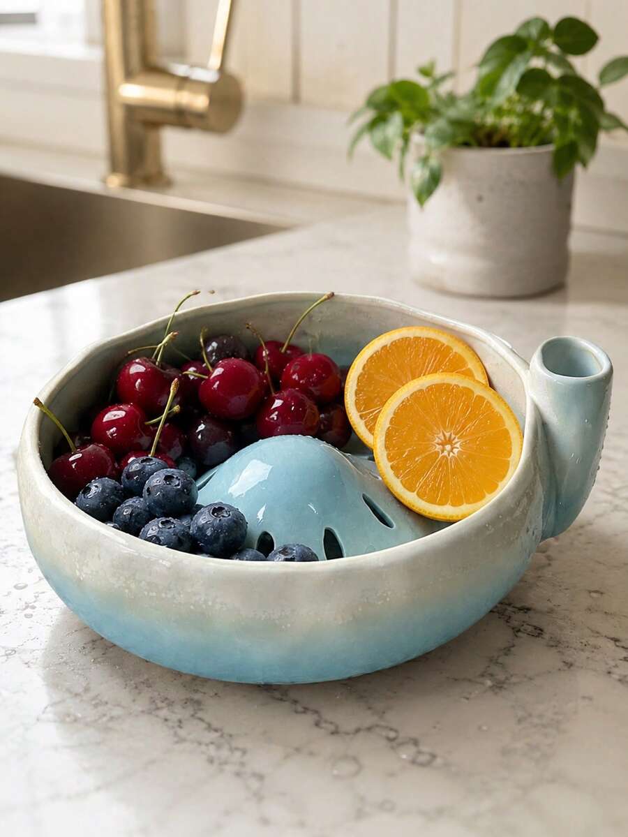 1 pièce Bol à fruits en céramique à drainage automatique, bol de lavage de fruits en céramique, passoire, déshydrateur, conception d'entrée latérale à flux d'eau en vortex, panier de drainage multifonctionnel pour fraises, myrtilles et petits fruits, passoire de cuisine à drainage rapide, bassin de lavage de fruits rotatif, boîte cadeau de pendaison de crémaillère pour les vacances, bassin de lavage de fruits à la maison, ensemble cadeau de plateau de fruits pour le thé de l'après-midi