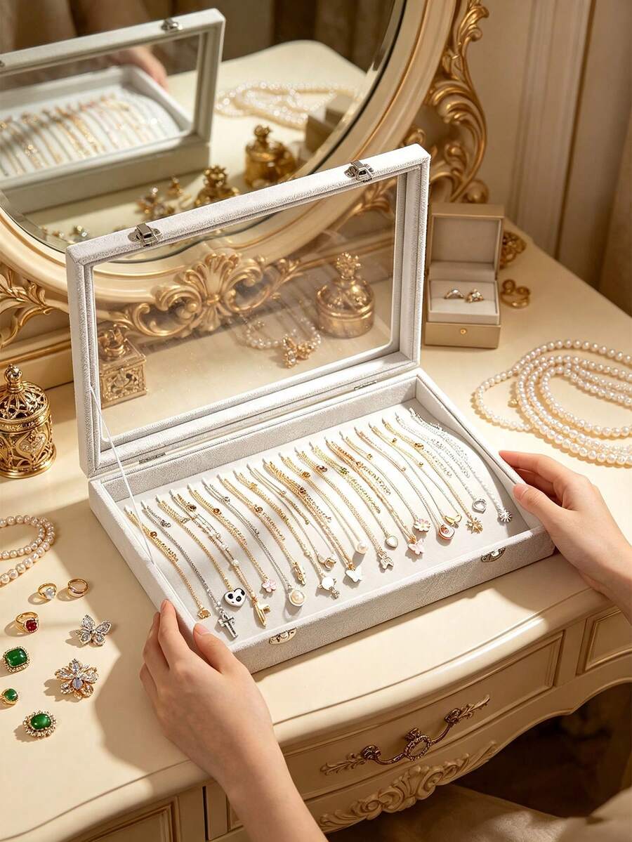 1pc, Luxury, Large Capacity, Jewelry Storage Box, Glass Lid, With Premium Black Velvet Lining, Can Display Rings, Earrings, Necklaces And Bracelets.