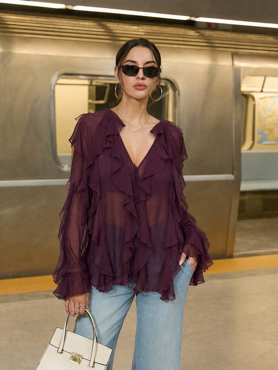 2025春季女士优雅V领单排扣长袖涂层纯色衬衫