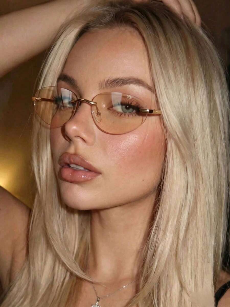 1 Pasang Kacamata Wanita Fashion Seksi Mewah Warna Champagne Tanpa Bingkai Model Mata Kucing dari Logam - Sampanye - View 1