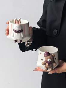 1pc 3D Scarf Bear & Rabbit Ceramic Mug, Hand-Pinch 3D Animal Polka Dot & Striped Water Cup, Cute Cartoon Coffee Cup - Multicolor - View 3
