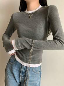 Early Autumn Korean Style Japanese Color Block 2 In 1 Slim Fit Round Neck Long Sleeve Inner Layer T-Shirt Top For Women - Grey - View 6