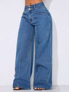 Low Waist Wide Leg Casual Blue Diagonal Pocket Curved Women's Jeans Fall - Blue Day - View 3