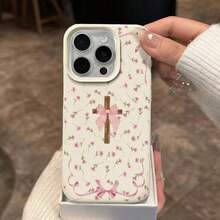 1pc TPU Material Sweet Floral Cross Bow Pattern Phone Case Compatible With IPhone 17 Pro Max/17/16 Pro Max/15/13/12/11/ S20 FE/A15/S24/A55/ Note 11/Note 12/Note 13 Pro Full Coverage Anti-Drop Soft Shell Phone Protective Cover - White - View 3