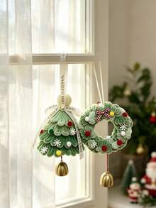 1pc Novelty Aesthetic Christmas Chenille Pipe Cleaner Tree & Wreath Hanging Ornament Set With Bell Charm, Ribbon Bow Snowflakes Xmas Tree Decor, Women Bag Key Chain Car Interior Rearview Mirror Door Knob Pendant, Winter - Multiple Colors and Styles - View 7