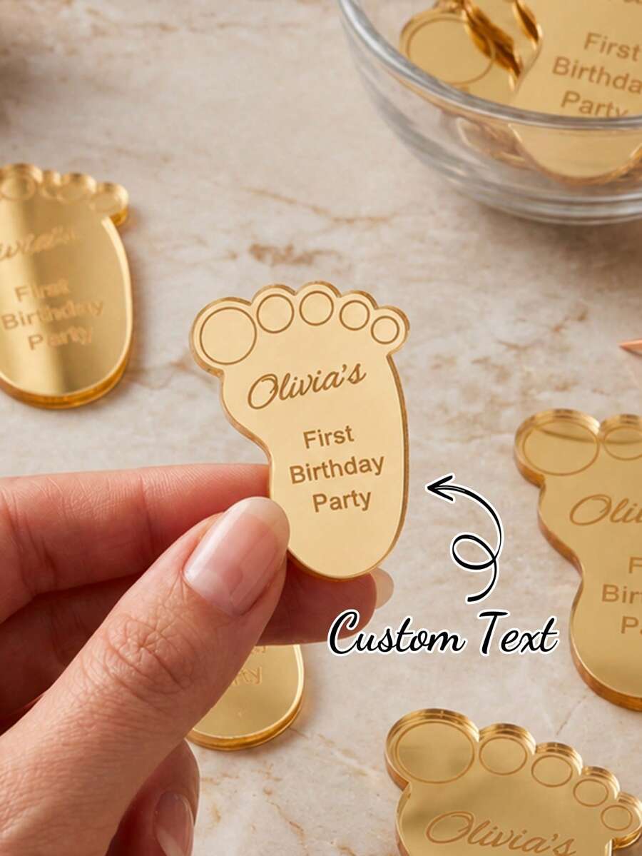 Personalized Baby Footprint Tag Mirror Acrylic Party Favor Decoration Keepsake Gift My Baptism Customized Name First Birthday Baptism Label - Multicolor - View 1