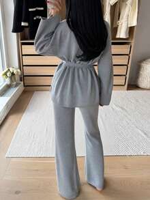 Minimalist Comfortable Women's Loungewear Sweater Set, Including V-Neck Cardigan And Elastic Waist Pants, Made Of Soft Medium Stretch Fabric. Contains Wool - Grey - View 6