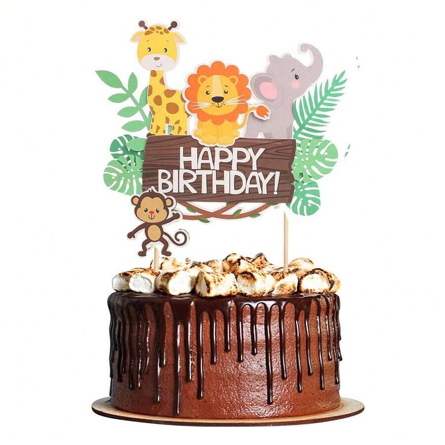 1件生日快樂卡通動物蛋糕裝飾插牌,創意叢林狩獵風蛋糕插飾,DIY蛋糕插牌含長頸鹿、獅子、大象、猴子與熱帶葉片,適用兒童生日派對、嬰兒洗禮,蛋糕裝飾用品 - 彩色 - 查看 1