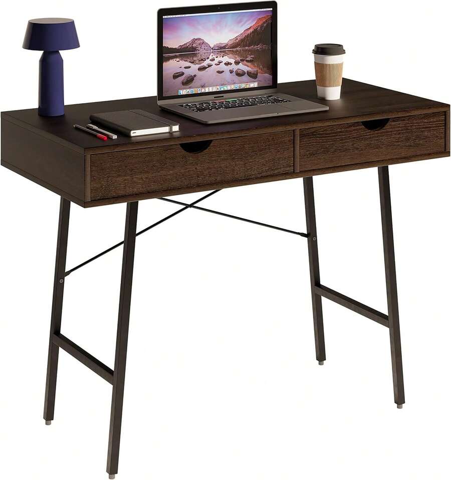 Escritorio Minimalista Sekiro para Laptop con Doble Cajon con Superficie de 100x48 de Madera MDF. Escritorio Pequeño para Recámara o Estudio para Home Office. - A - Ver 1