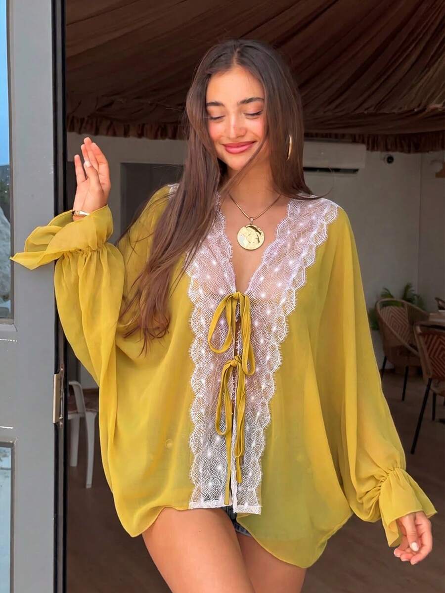 Women's Yellow Lace Patchwork Tie Front Blouse, Ruffle Flare Cuff Loose Batwing Sleeve Cardigan, Casual Daily Chiffon Outer Wear - Yellow - View 1