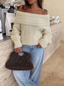 Women's Off-Shoulder Ribbed Knit Pullover Sweater Long Sleeve Cream Color Winter Top - Apricot - View 5
