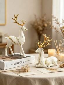 Water-Transferred Resin Ornament, White Marble Texture, Suitable For Living Room, Bookshelf, Office Desk Decoration (Water-Transferred Craft, Color Position May Vary Slightly) - Patterned Deer - View 9