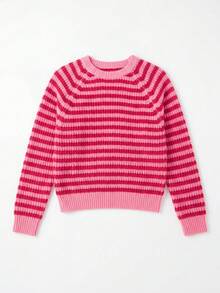 Senya Women's Vintage Colorblock Striped Knit Sweater, Round Neck Fuzzy Loose Pullover, Drop Shoulder Casual Long Sleeve Top Fall - Hot Pink - View 9