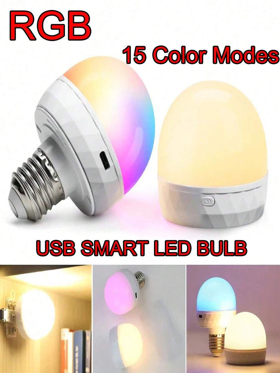 1個 USB充電無線 RGB LED 小夜燈,2種安裝方式:磁吸式與 E27 螺口燈座,遙控控制變色可調光燈泡,室內裝飾用 - 1個 - 查看 1