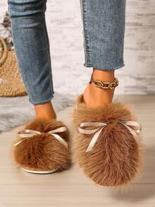 Fluffy Long Fur Bow Slippers, Soft And Gentle Girl Style, Non-Slip Indoor And Outdoor Slippers - Turmeric - View 4